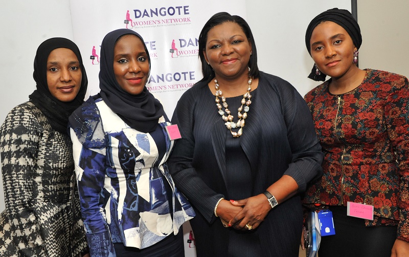 L-R: Group Corporate Strategy Specialist, Dangote Industries Limited Mariya Aliko-Dangote; Executive Director, Halima Aliko-Dangote; Managing Director/CEO, Standard Chartered Bank Limited, Nigeria / Guest Speaker, Mrs Bola Adesola and Head of Commercial, NASCON, Fatimah Aliko-Dangote at the launch of Dangote Women’s Network in Lagos today