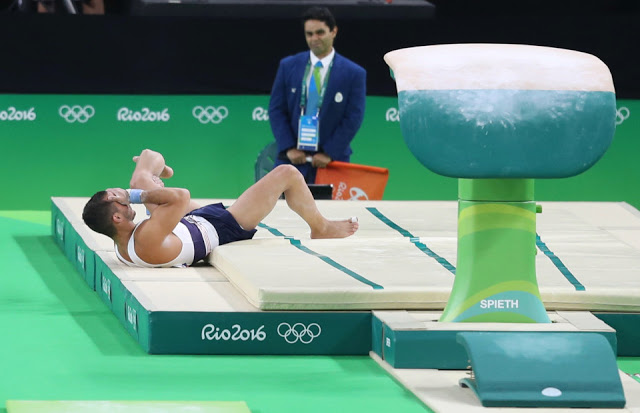 2016 Rio Olympics - Artistic Gymnastics - Preliminary - Men's Qualification - Subdivisions - Rio Olympic Arena - Rio de Janeiro, Brazil - 06/08/2016. Samir Ait Said (FRA) of France breaks his leg during competition on the vault. REUTERS/Damir Sagolj FOR EDITORIAL USE ONLY. NOT FOR SALE FOR MARKETING OR ADVERTISING CAMPAIGNS