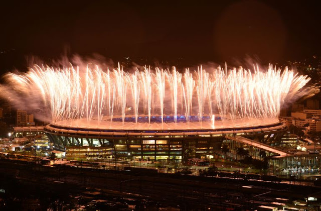 Fireworks explode at the start of the closing ceremony of the Rio 2016 Olympic Games at the Maracana stadium in Rio de Janeiro on August 21, 2016. / AFP / Yasuyoshi Chiba (Photo credit should read YASUYOSHI CHIBA/AFP/Getty Images)