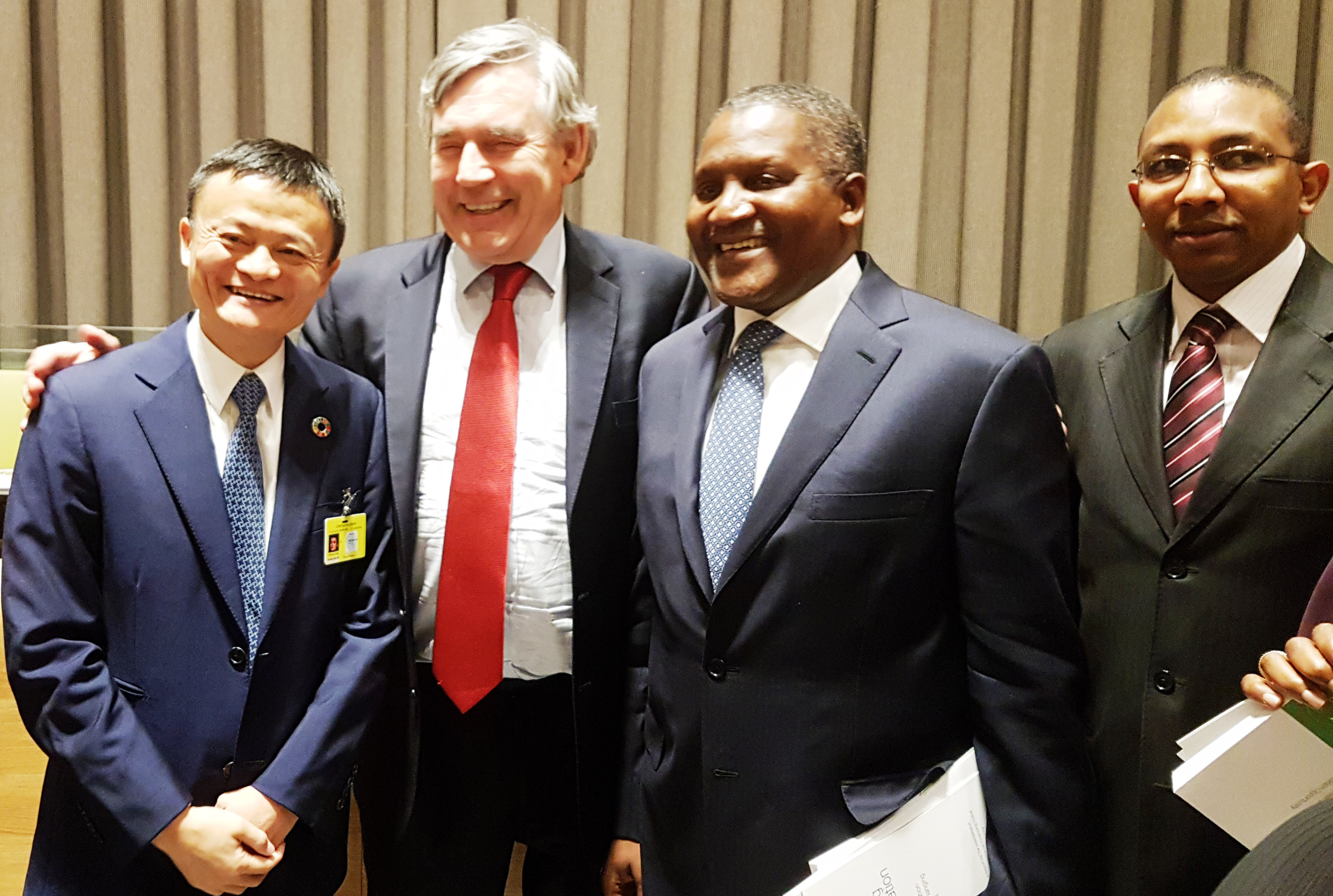 L-R: Jack Ma, Founder & Executive Chairman of Ali baba Group; Gordon Brown, former British Prime Minister and UN Special Envoy for Global Education; Aliko Dangote, President/CE, Dangote Group and Dr. Abdu Mukthar, Group Chief Strategy Officer at United Nations Education Commission launch of 'The Learning Generation' presented to the UN Secretary General Ban Kim Moon at the UN Headquarters in New York