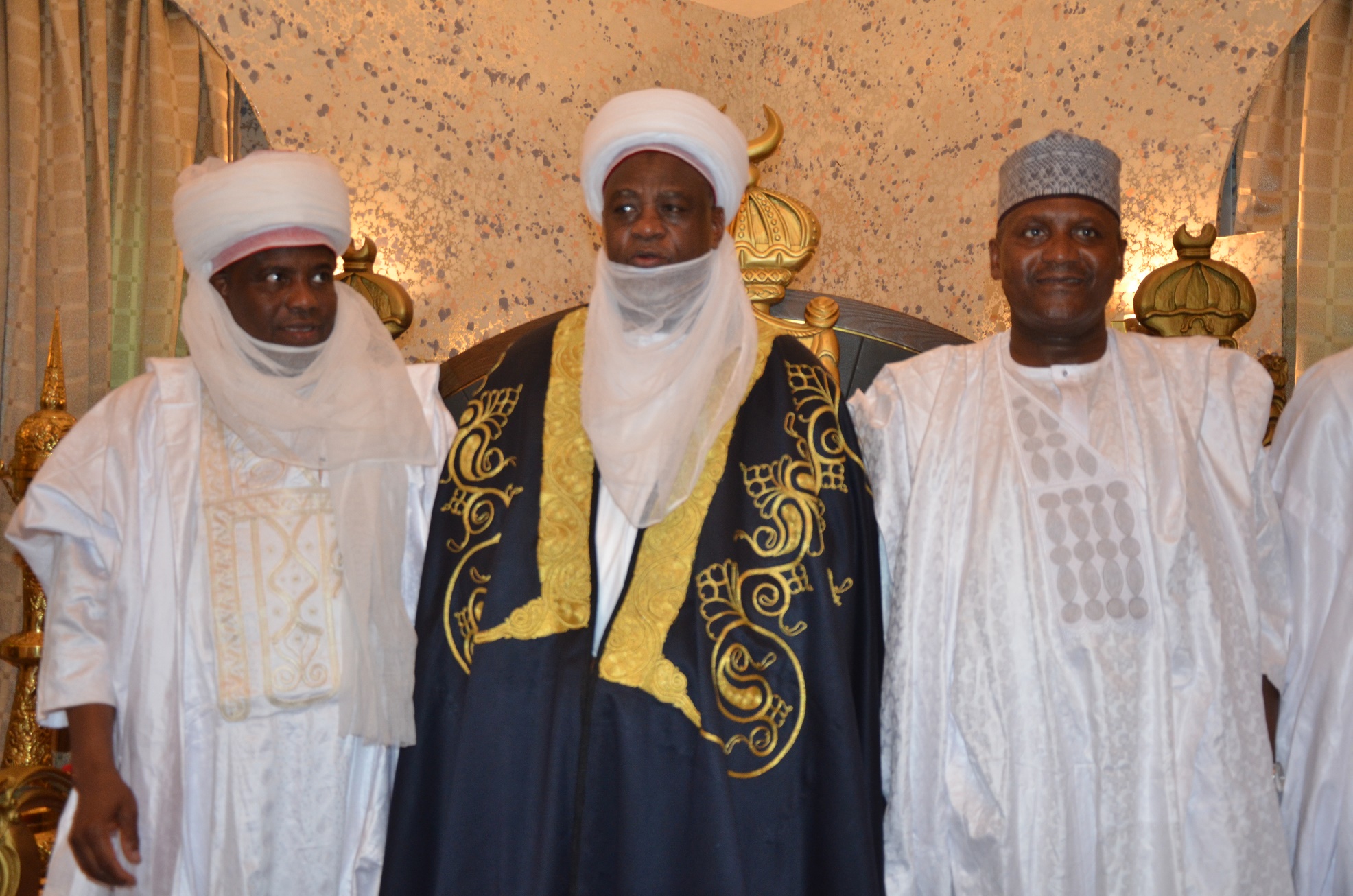 L-R: Governor Aminu Waziri Tambuwal, Sultan Muhammad Sa'ad Abubakar III and business mogul ALiko Dangote during sallah festivities at the Sultan's Palace in Sokoto... Monday 12/09/16