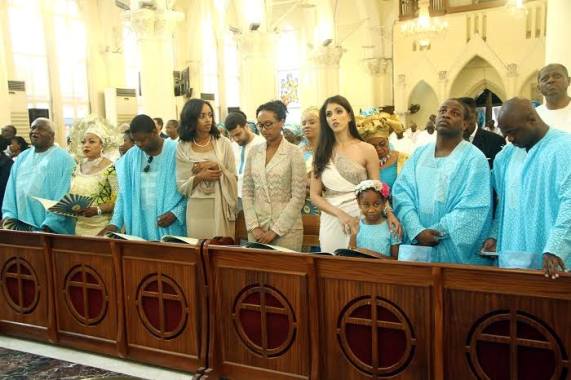 ALAKIJA-17Hostess and her family members during the Order of Holy Communion and Thanksgiving service to mark the 65th birthday of Mrs. Folorunsho Alakija and the 40th wedding anniversary at the Cathedral Church of Christ, Marina, Lagos... on Friday. Photo: Saheed Olugbon