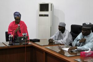 L-R: Special Adviser to the President on Social Intervention, Maryam Uwais, presenting her speech while Sokoto State Deputy Governor, Ahmed Aliyu and Governor Aminu Waziri Tambuwal, Tuesday 16-08-16