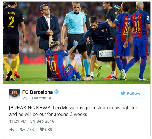 Messi out for three weeks with groin injury