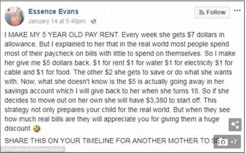 Essence's facebook post explaining how she makes hers 5 year old daughter pay rent