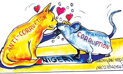 cartoon showing corruption as a mouse nestling with anti-corruption as a cat