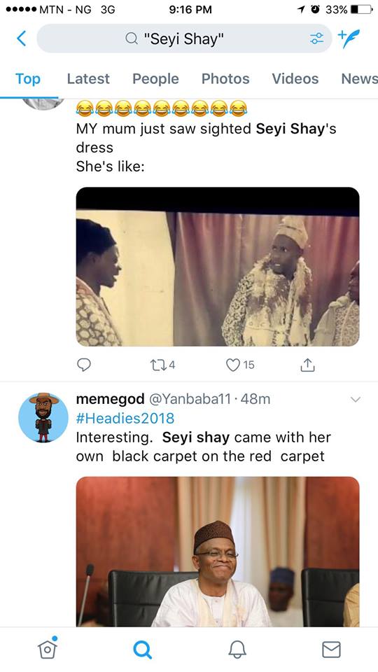 Photo of Twitter Users reaction about Seyi Shay's outfit at the 2018 headies
