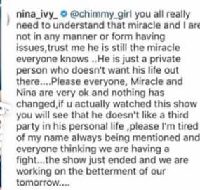 Nina's status in her relationship with Miracle