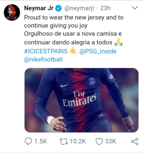 Screenshot of Neymar's Tweet