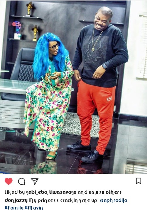 Dija Rocks Blue Wig As She Poses With Don Jazzy