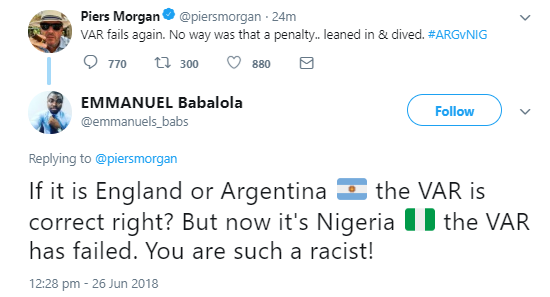 Twitter Screenshot of Piers Morgan Insult to Emmanuel