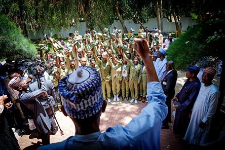 Buhari addressing NYSC members in Daura on Sallah Day