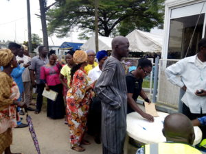 Former workers of the defunct Nigeria Airways Ltd. on queue for verification and payment of their N22. 6bn entitlements at the Sky Care Catering Complex, Murtala Muhammed Airport, Ikeja on Monday.