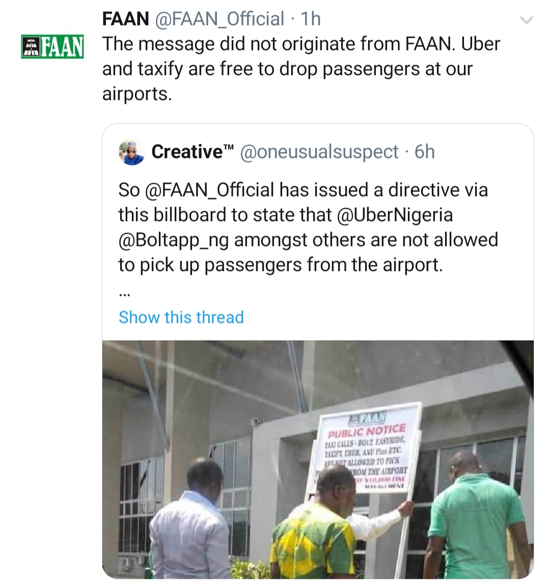 FAAN denies banning Uber, Bolt from operating within Airport