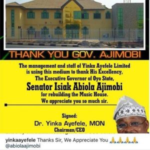 Ayefele Appreciates Governor Ajimobi for Reconstructing His Music House After Demolishing it in August 2018