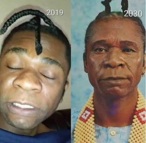 The controversial hiphop artist, Speed Darlington made another rib-cracking post on his Instagram page today. He shared an a present and after picture of himself in a bid to project how he’ll look in 11 years from now. In his caption, he went ahead to state that pray is the only thing that can make help him stay away from smoking marijuana, so he needs it. Read his funny caption below.   'pray for me I must leave marijuana alone. Doesn't it look like my skin is melting off my face. Ahhh if I look like this in my 40s man that would suck ass through straw. Another reason why I must bag one of these actress or musicians before I reach this stage; so by then she's stuck with me she can't run away no more. Between gym and surgery right now I pick sugery'.