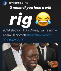 2019 Elections: Davido subs Oshiomhole on IG