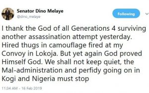 Melaye tweets about surviving yet another assassination attempt