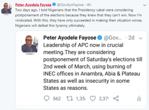  “Now I am vindicated”- Fayose validates his tweets about election postponement