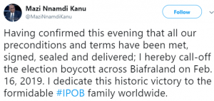 Nnmadi Kanu retracts election boycott order