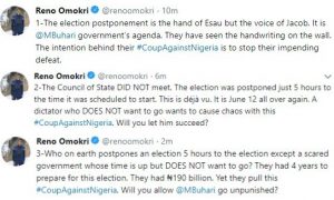 Reno Omokri attacks Buhari over election postponement, says it is coup against Nigeria