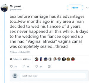 Twitter man defends sex before marriage by sharing heartbreaking story of couple who broke up days to their wedding