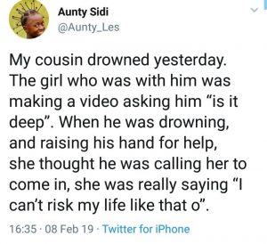 Girl continues to film her friend until he drowns at a beach in Port Harcourt