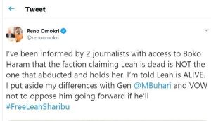 My sources say Leah Sharibu is alive – Reno Omokri