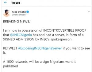Omokri reveals he has proof that INEC has servers, demands 1000 retweets before publishing it 