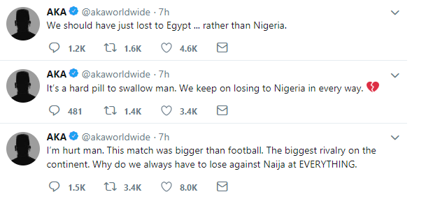 AKA expresses disappointment at the defeat of South Africa by Nigeria in 2019 AFCON