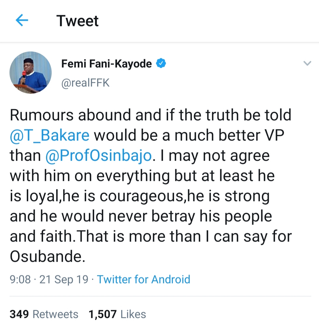 "Tunde Bakare would be a much better VP than Osinbajo" -Femi Fani-Kayode