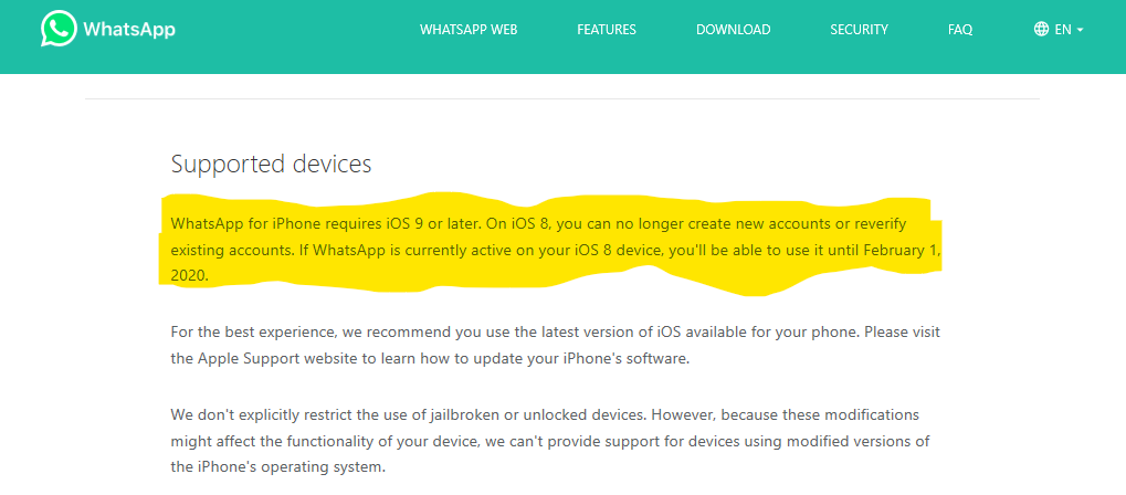WhatsApp to pull support for IOS 8 from Februrary 1, 2020