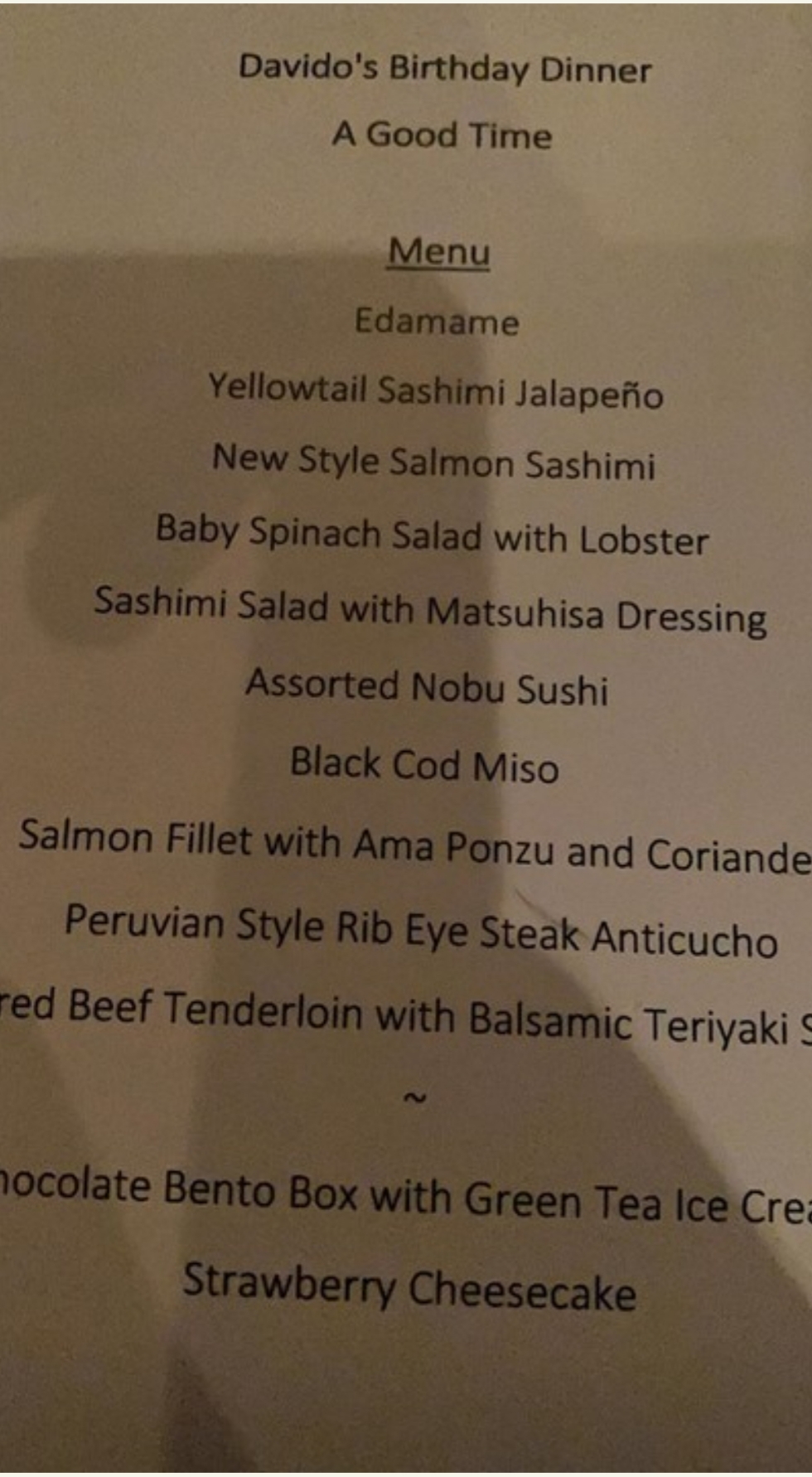 Davido turns 27: shares mouth-watering Menu for Birthday Dinner