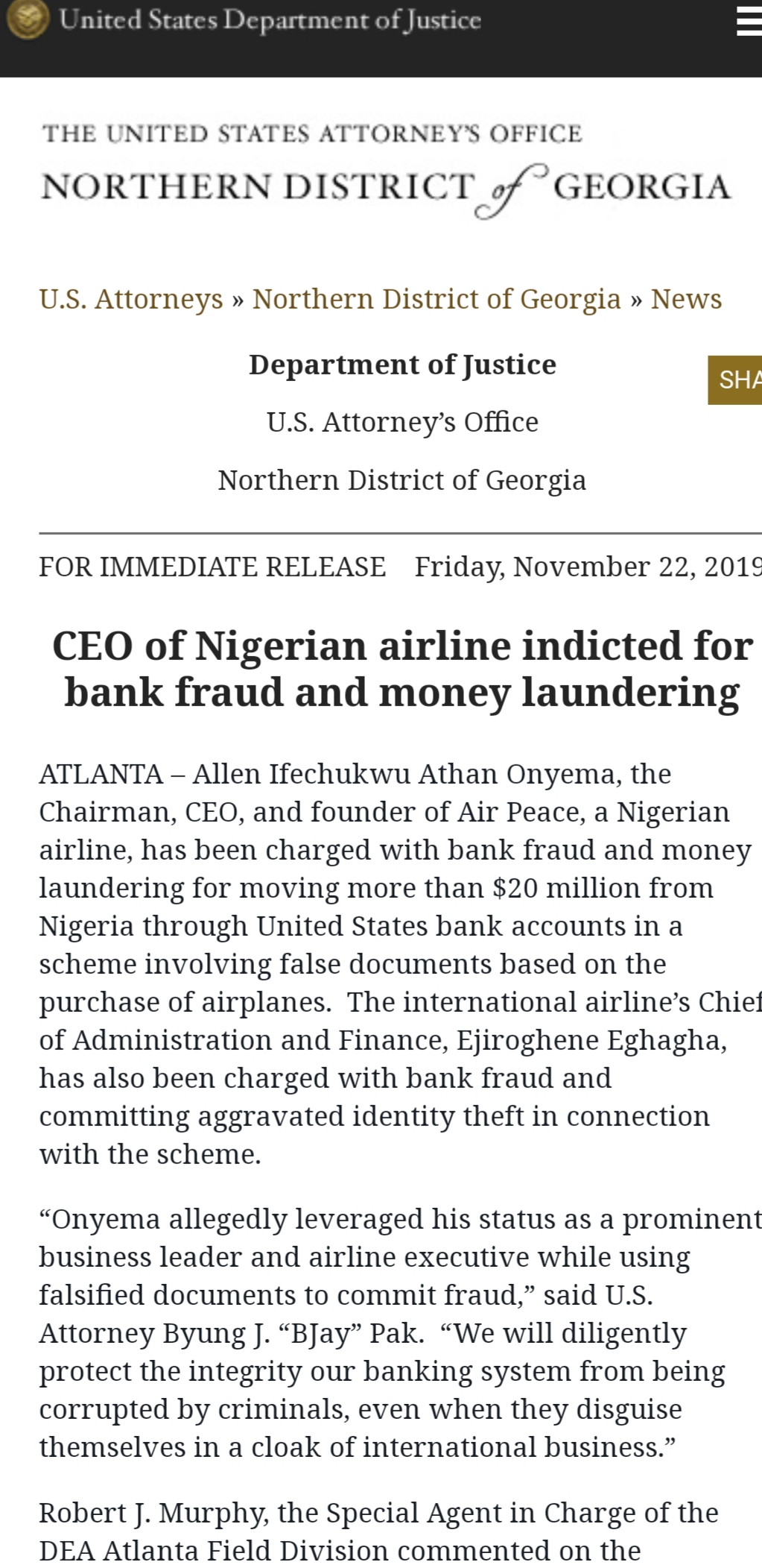 CEO Air Peace, Onyema Arraigned for Money laundering in US