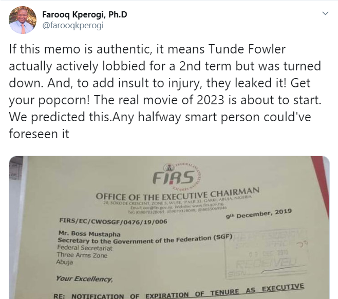 LEAKED MEMO: How Tunde Fowler begged to be retained as FIRS Chairman (Photos)