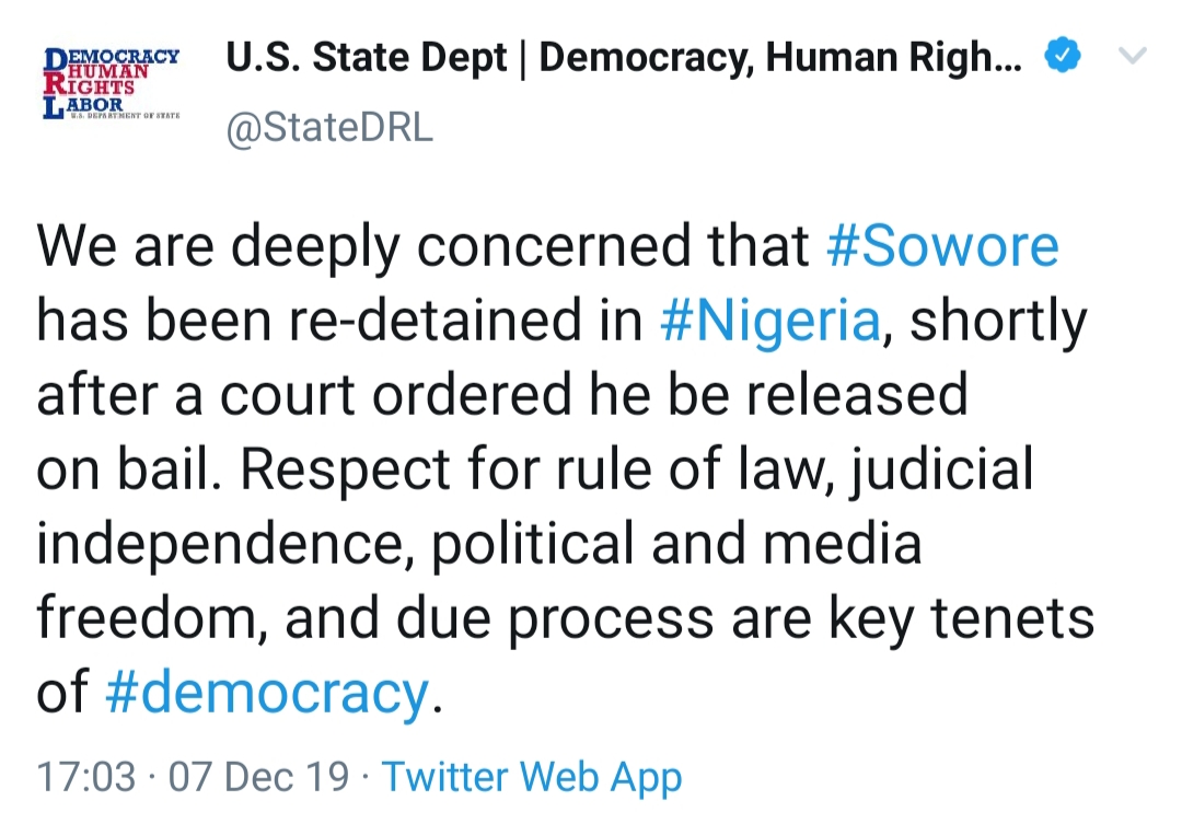 US Department of state reacts to Sowore's violent re-arrest