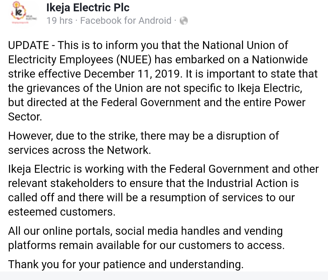 Nationwide Blackout As Power Company goes on Strike