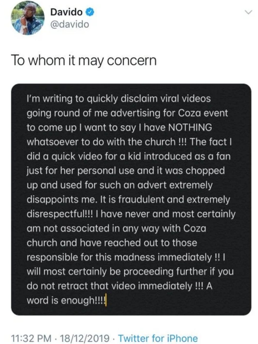 Davido: I have Nothing to do with COZA Church
