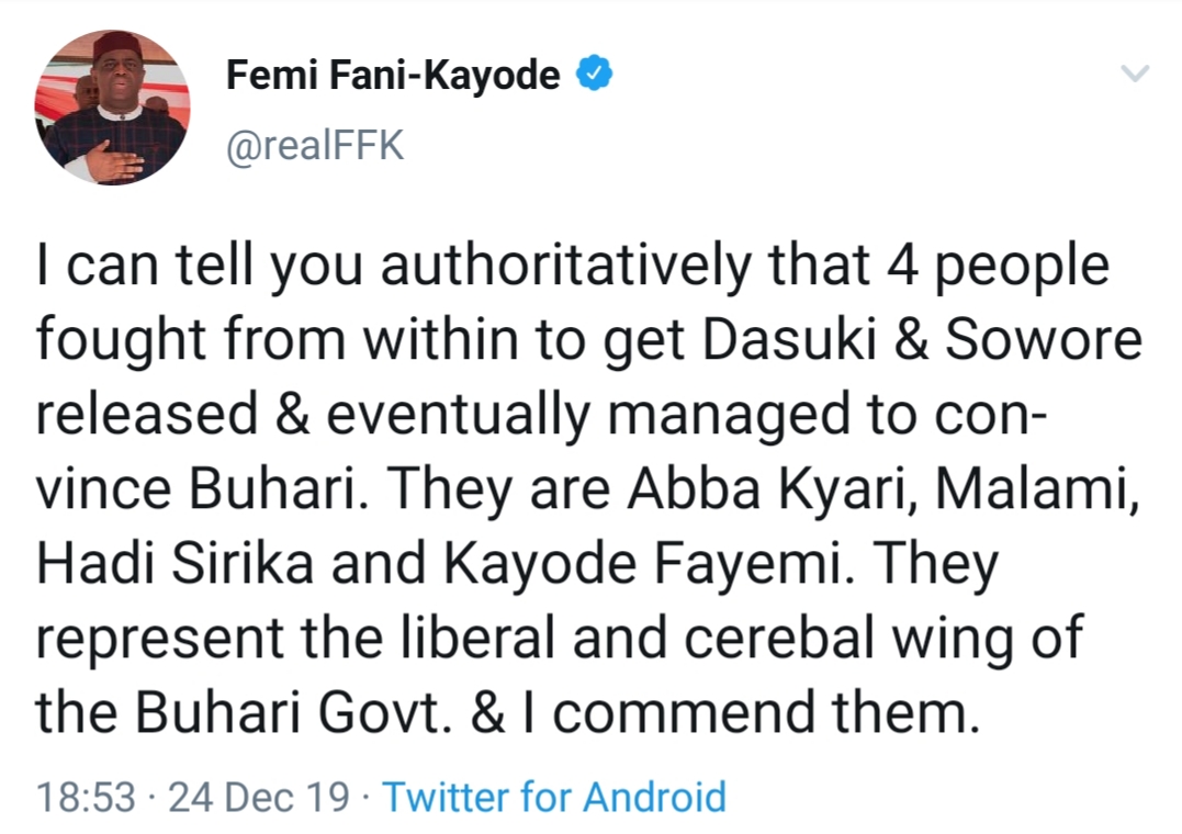 Fani-Kayode: Abba Kyari, Kayode Fayemi, Ministers Orchestrated Sowore's Release