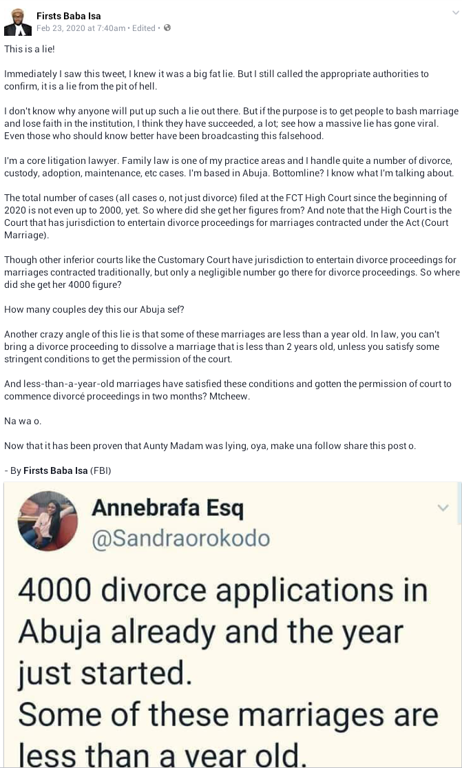 Lawyer denies report of 4000 Divorce applications in Abuja