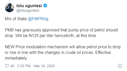 Presidency confirms new Petrol Price as N125 per litre