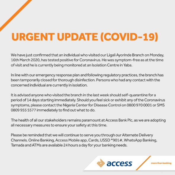 Access Bank shuts down branch after Customer tested Positive to Coronavirus
