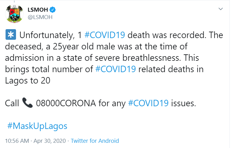 25-year-old COVID-19 Patient dies in Lagos
