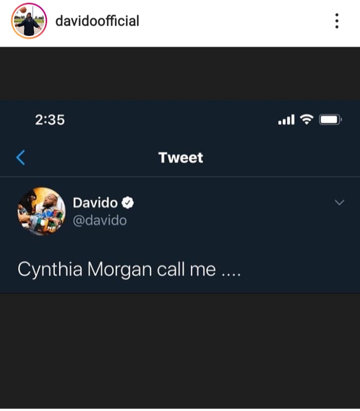 Davido reacts to Rise and Fall of Cynthia Morgan's music career