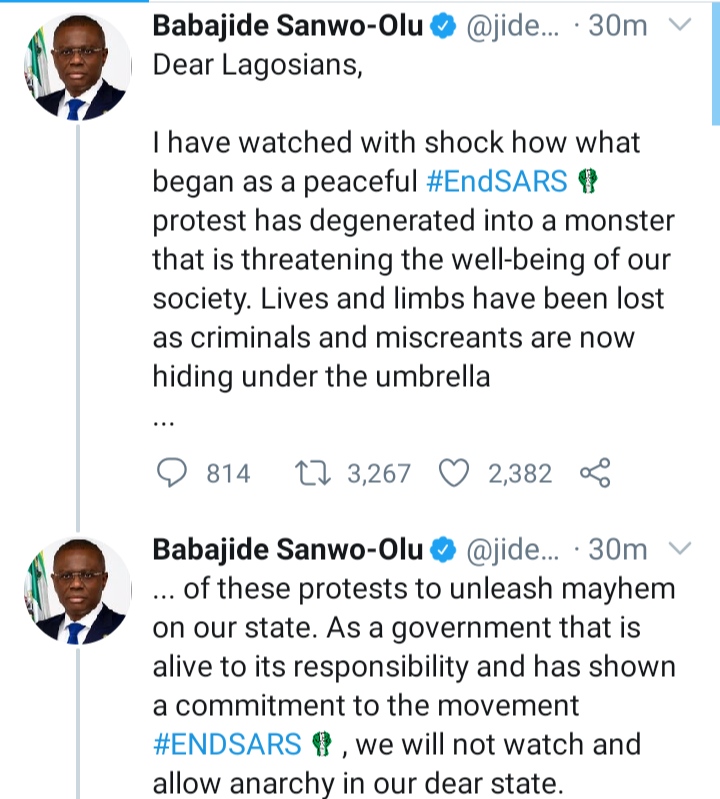 Sanwo-olu declares curfew in Lagos state