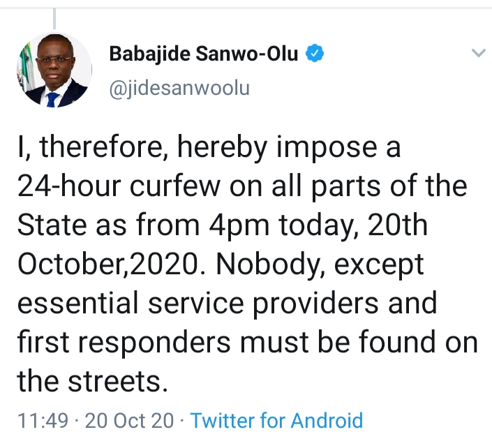 Sanwo-olu declares Curfew in Lagos state