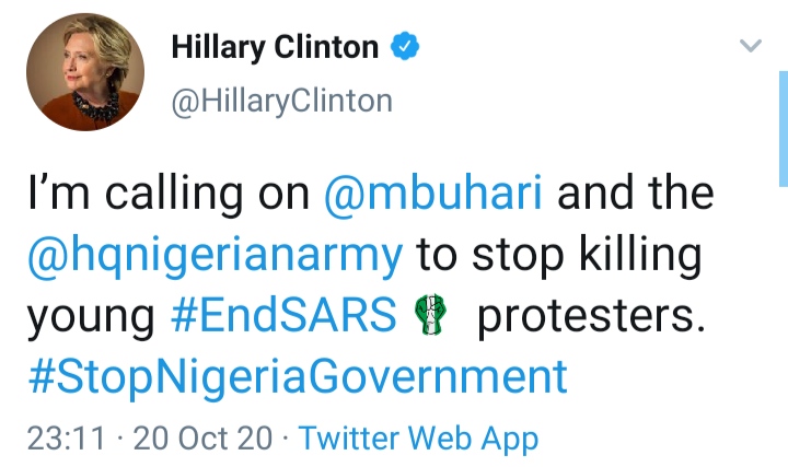 Hillary Clinton calls out Buhari for killing peaceful protesters at Lekki Toll gate