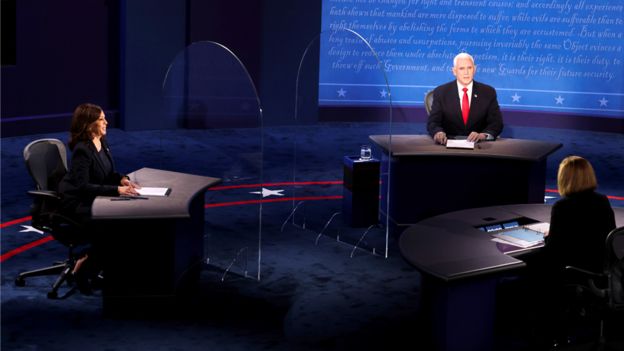 Kamala Harris and Mike Pence during the VPDebate