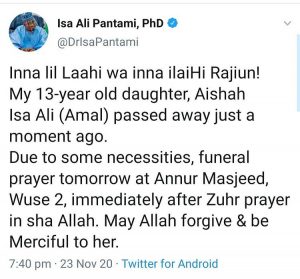 Isa Pantami loses 13 year old daughter 