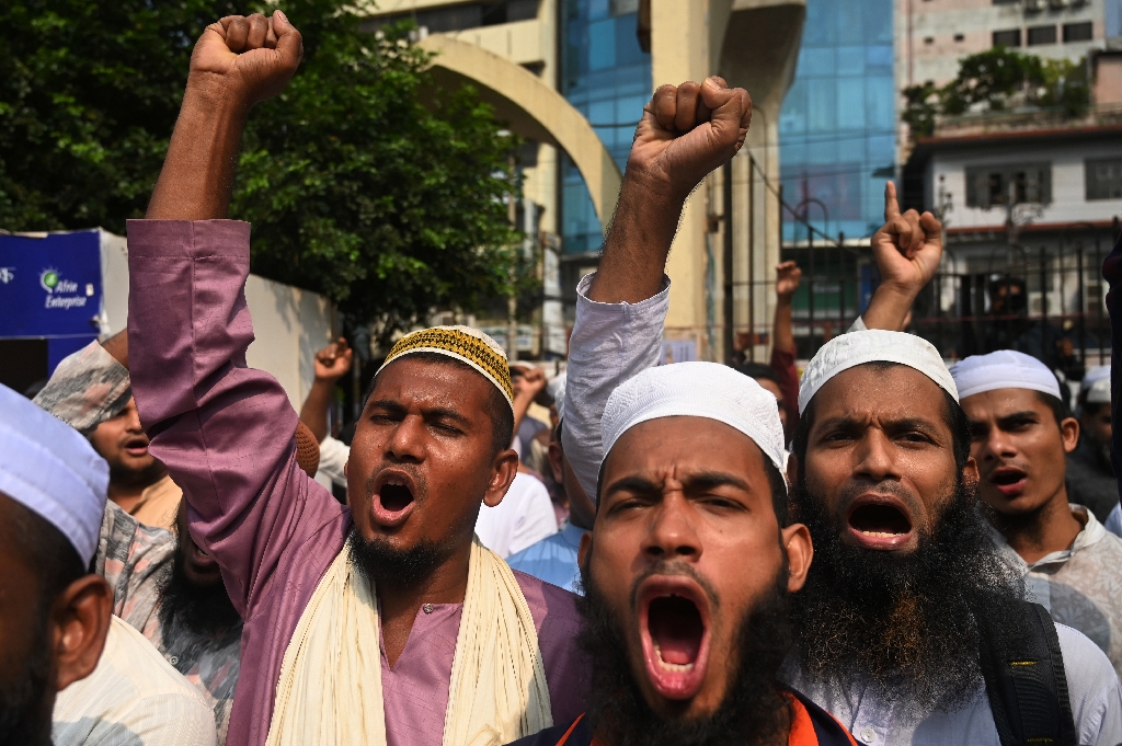 About 400 people rallied outside the French embassy in the Indonesian capital to denounce France’s handling of cartoons of Islam’s prophet Mohammed deemed offensive by Muslims